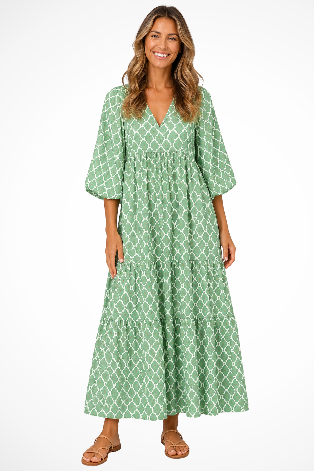 Sorvienne Boho Tiered Flowing V-Neck Maxi Dress in Green and White