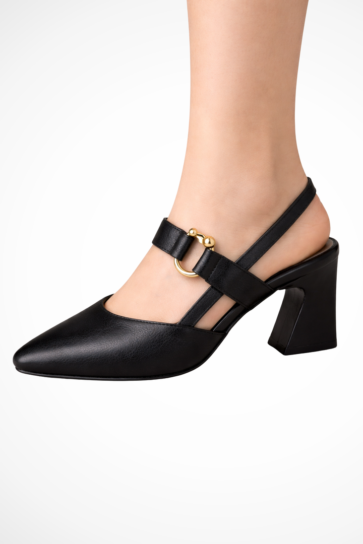 Sorvienne Women's Slingback Block Heel Mary Janes in Black