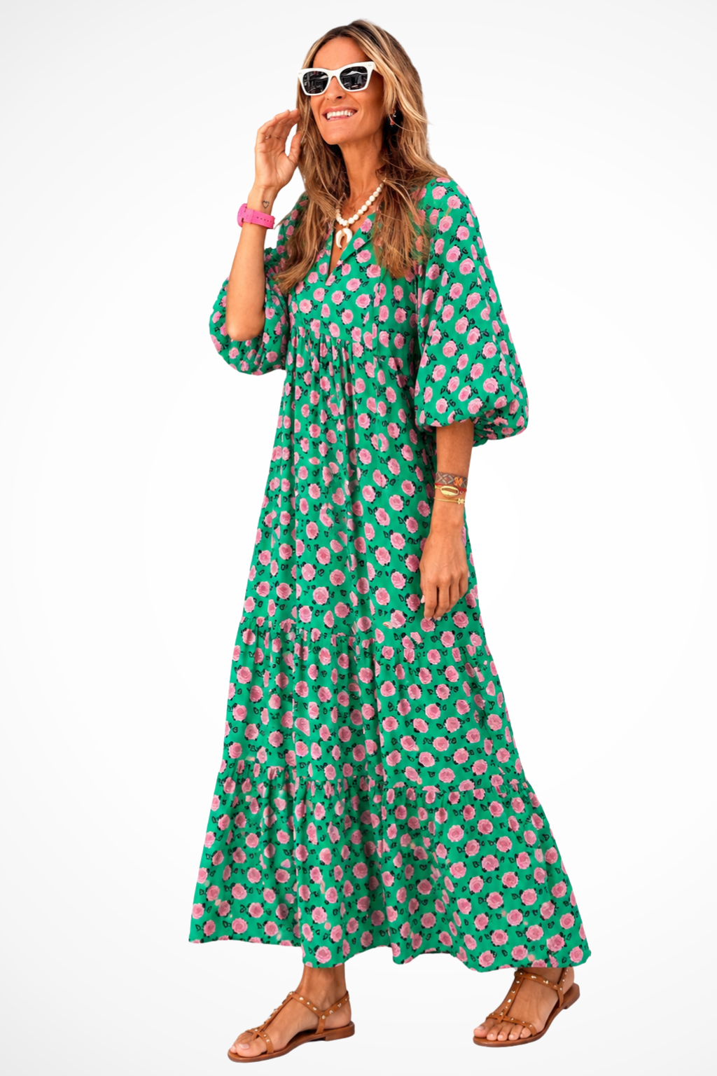 Sorvienne Boho Tiered Flowing V-Neck Maxi Dress
