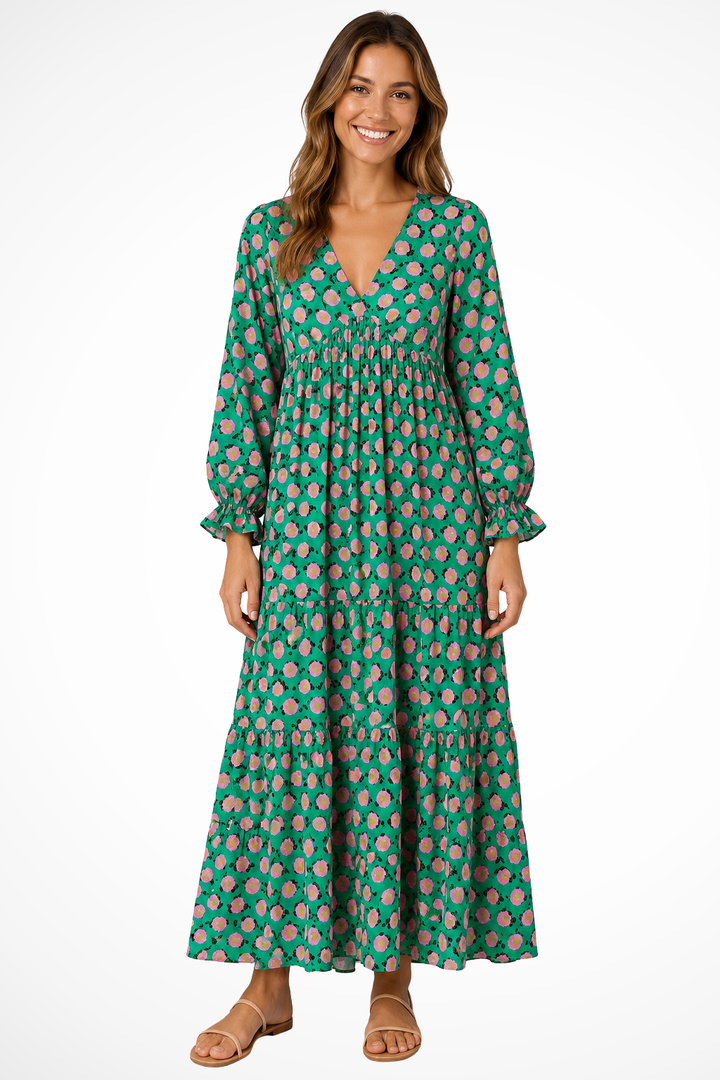 Sorvienne Boho Tiered Flowing V-Neck Maxi Dress in Green and Pink