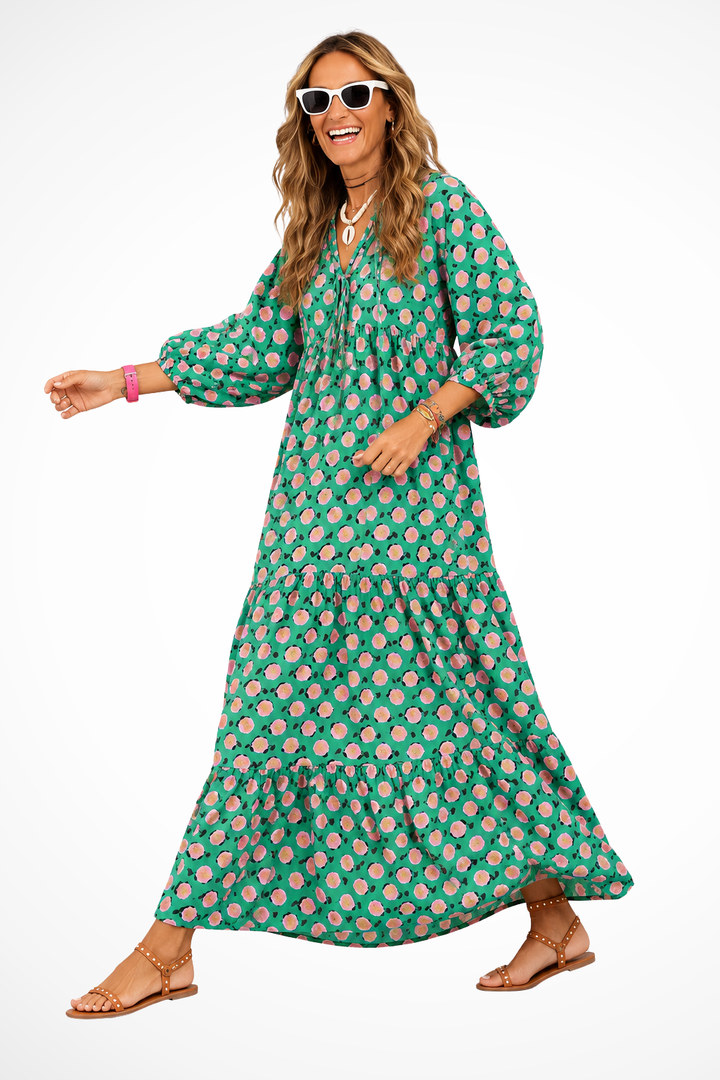 Sorvienne Boho Tiered Flowing V-Neck Maxi Dress