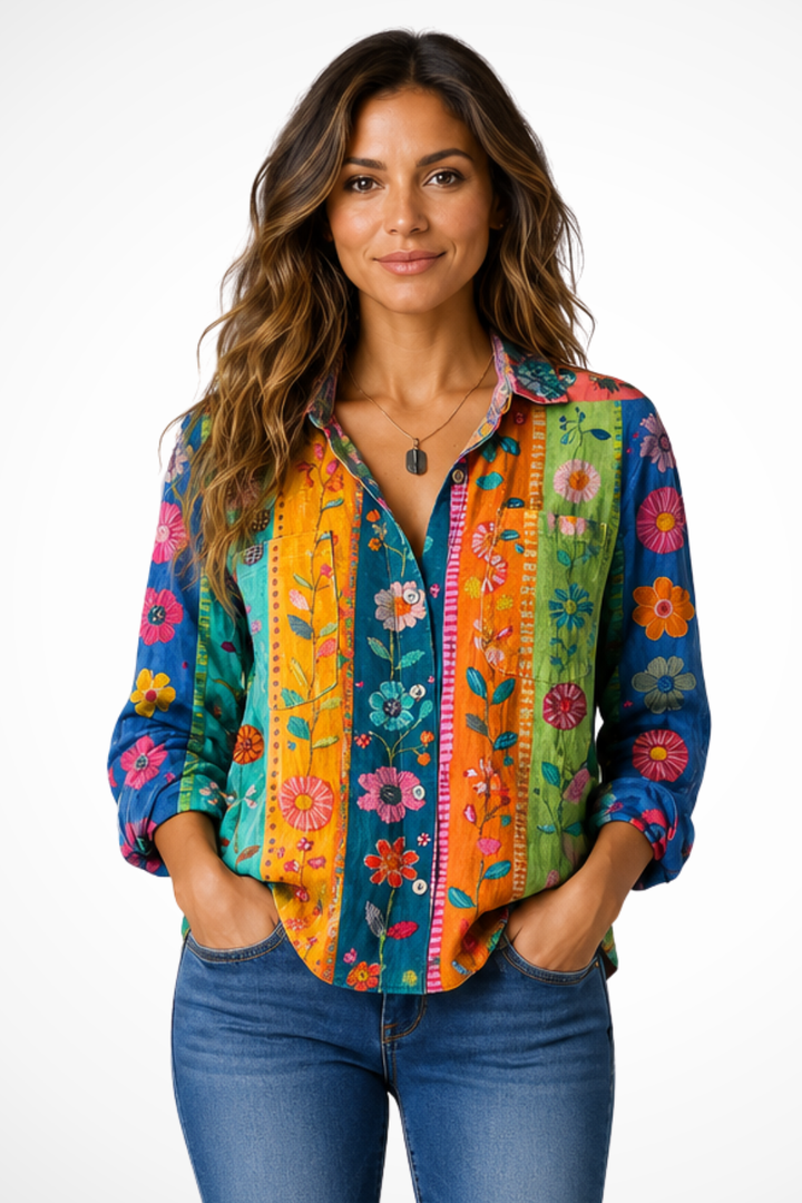 Sorvienne Bandana Print Boho Button-Down Blouse in Multicoloured