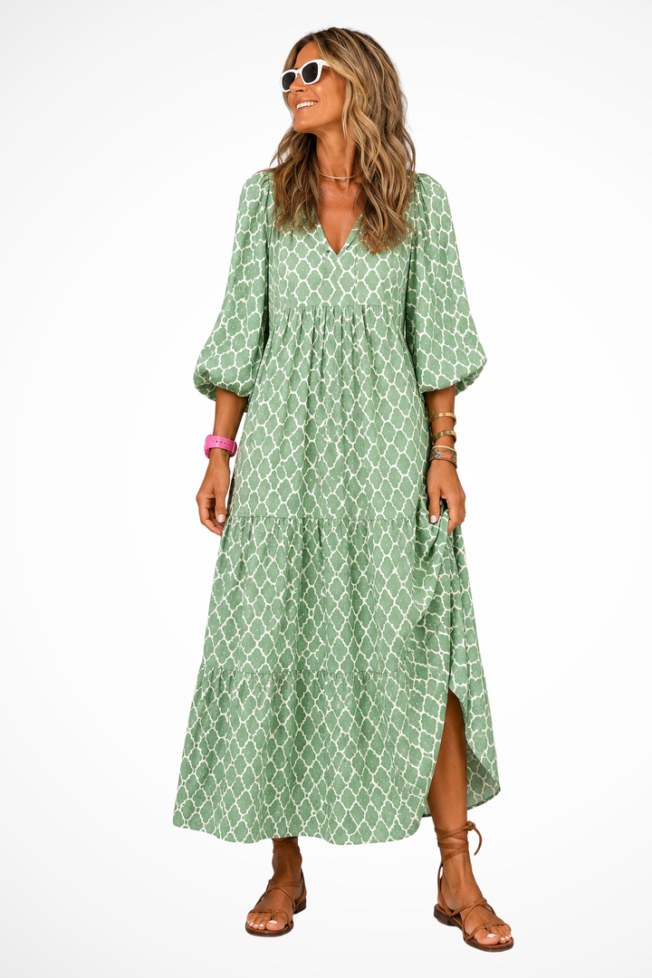 Sorvienne Boho Tiered Flowing V-Neck Maxi Dress