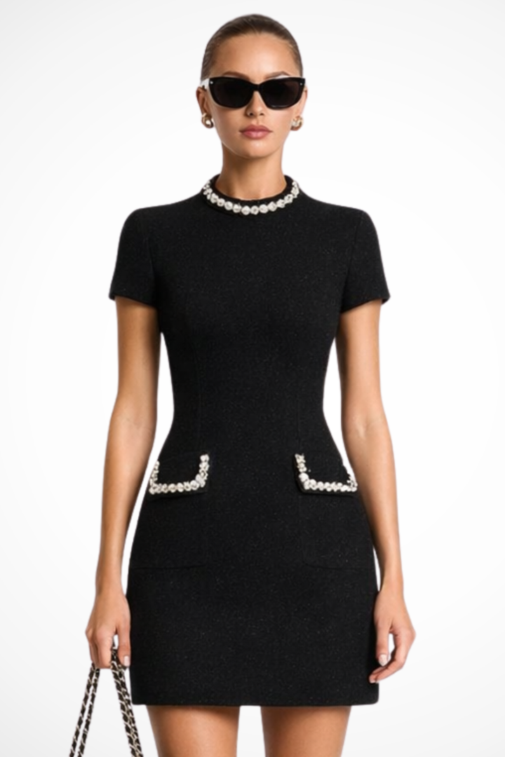 Sorvienne Women's Pearl Trim Mini Dress in Black