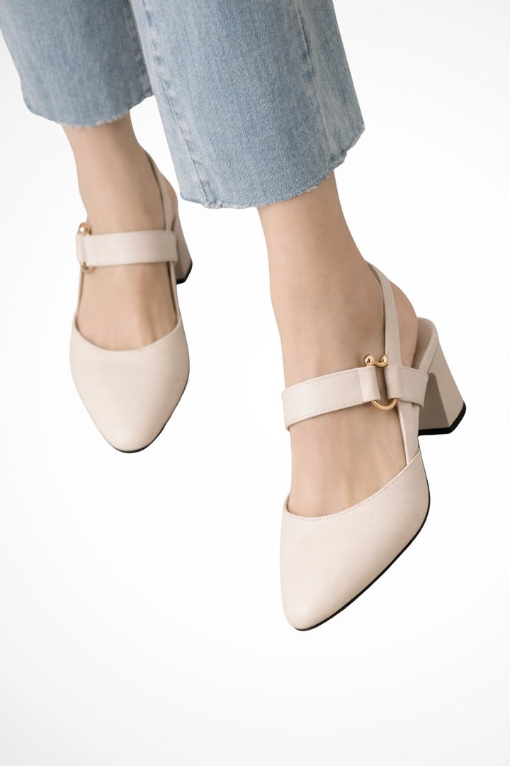 Sorvienne Women's Slingback Block Heel Mary Janes in Apricot