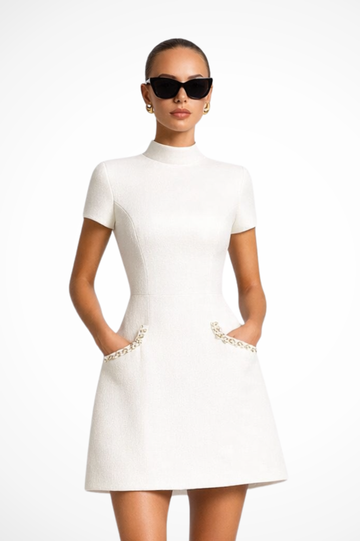 Sorvienne Women's Pearl Trim Mini Dress in White