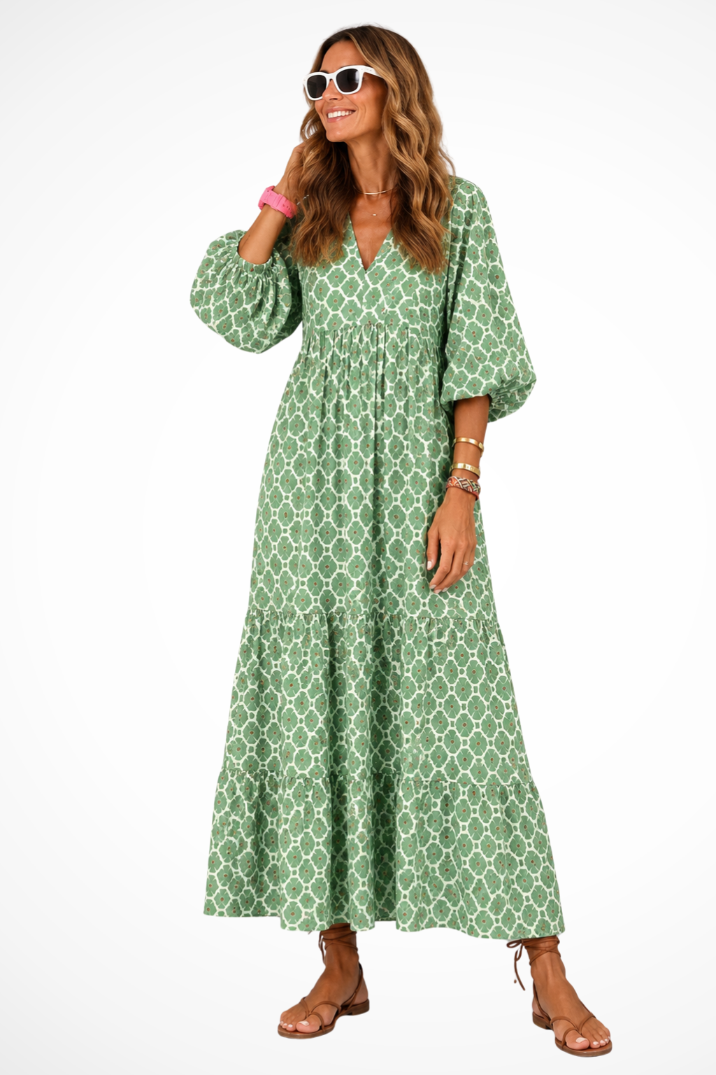 Sorvienne Boho Tiered Flowing V-Neck Maxi Dress