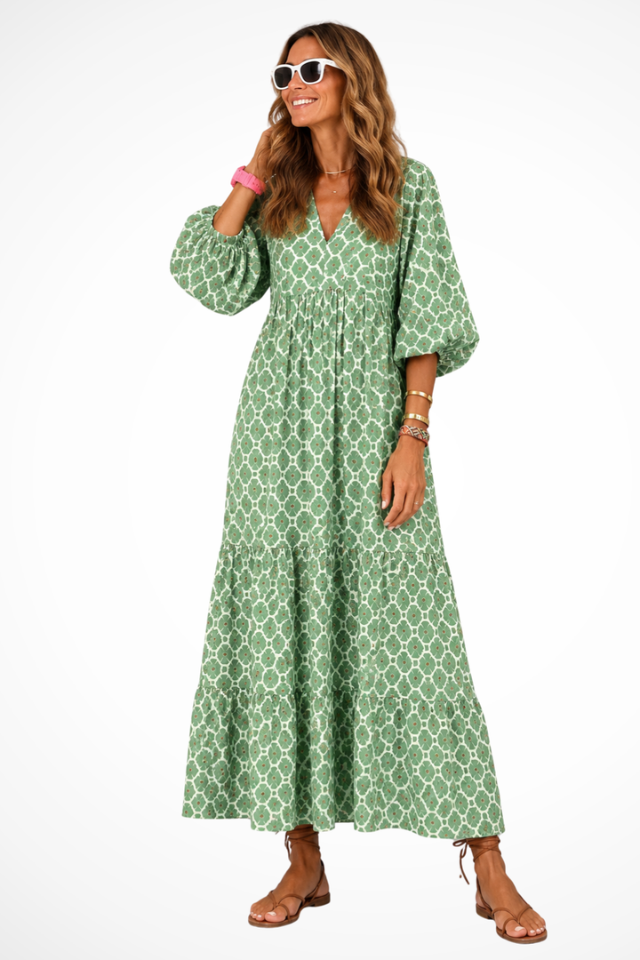 Sorvienne Boho Tiered Flowing V-Neck Maxi Dress