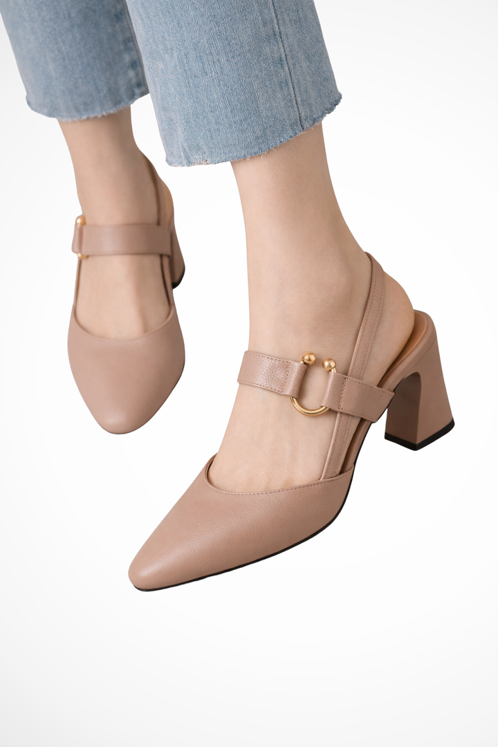 Sorvienne Women's Slingback Block Heel Mary Janes in Beige