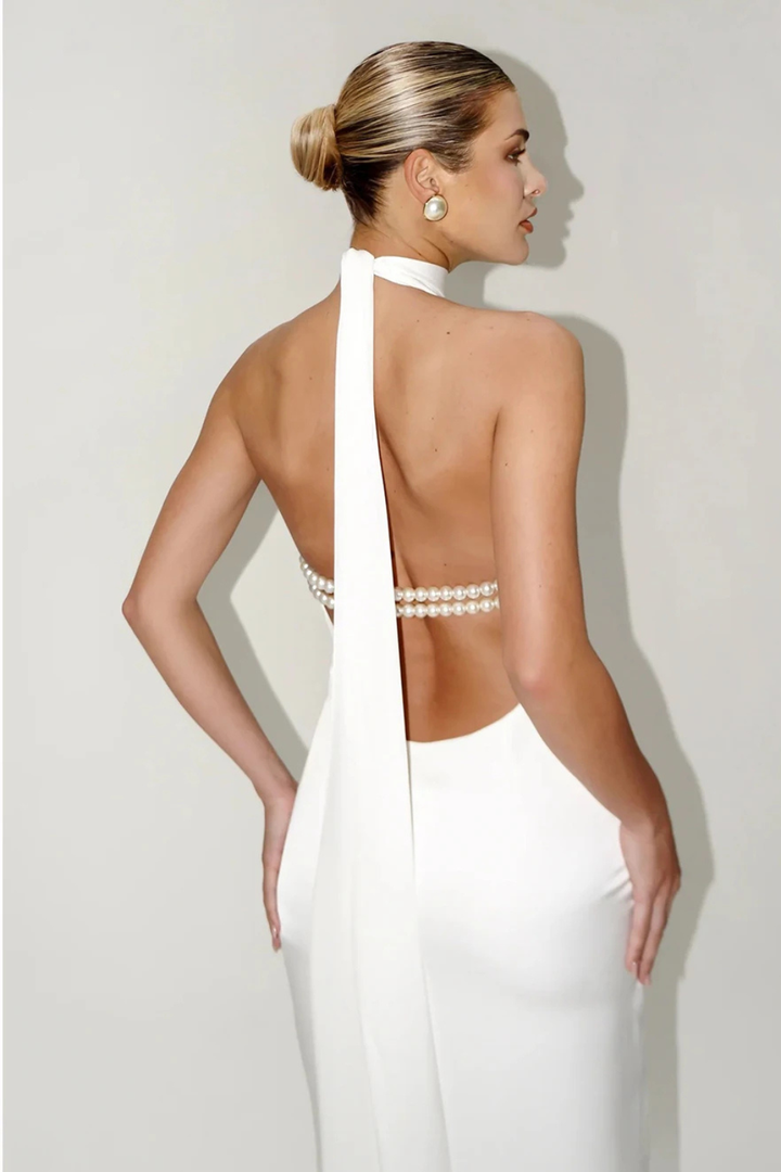 Sorvienne Women's High Neck Halter Chain Detail Backless Maxi Dress