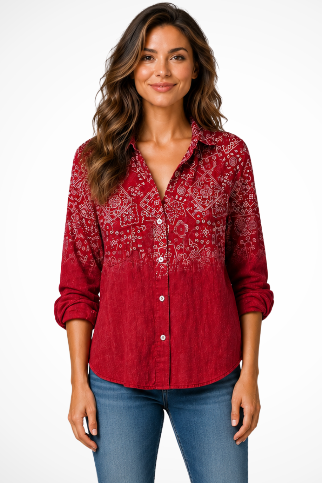 Sorvienne Bandana Print Boho Button-Down Blouse in Red