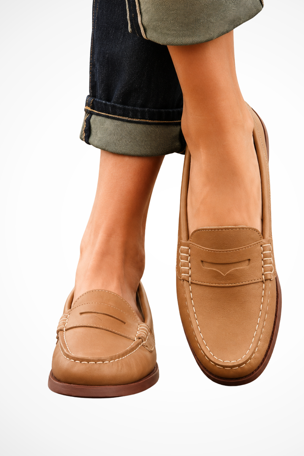 Sorvienne Penny Leather Orthopaedic Classic Loafers in Khaki