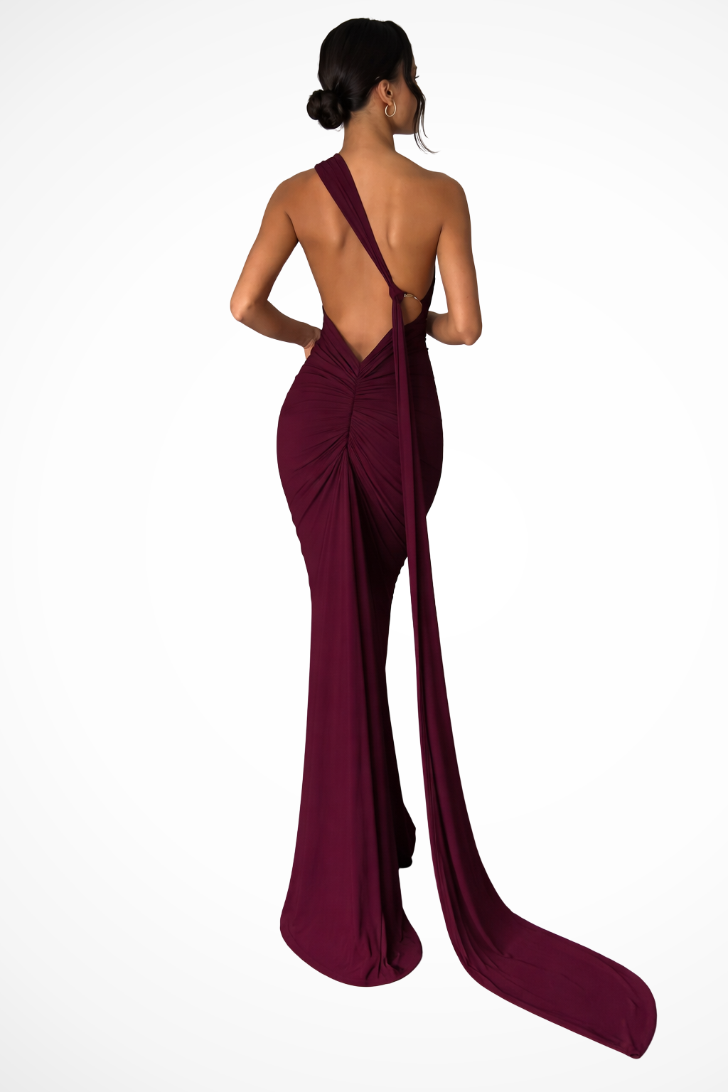 Sorvienne Women's One Shoulder Backless Ruched Maxi Dress in Claret