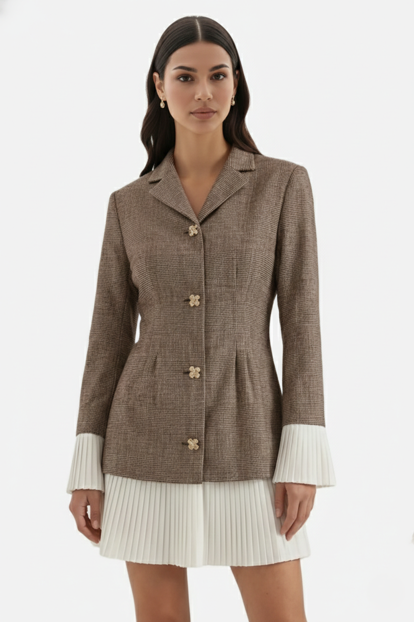 Tailored Blazer Mini Dress with Pleated Hem and Long Sleeves - Siopie