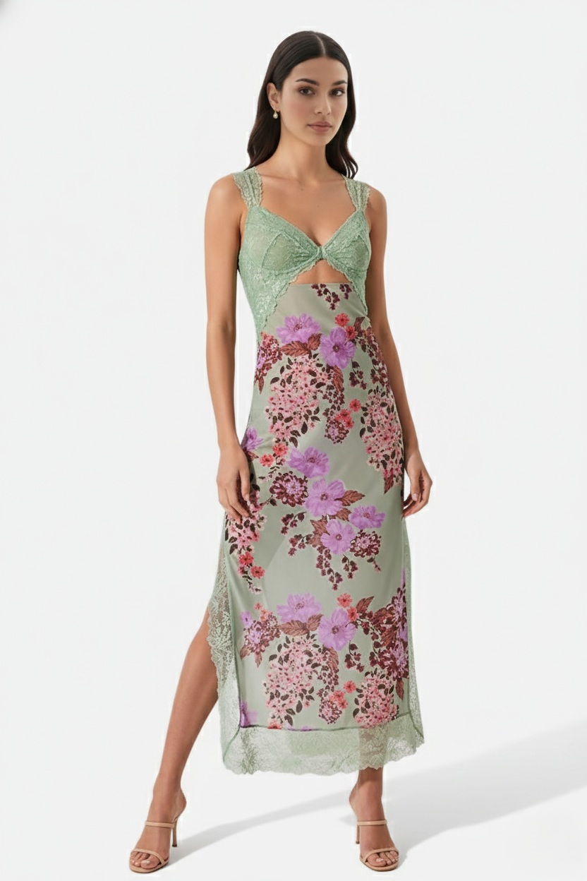 Floral Lace Trim Slip Maxi Dress Side Slit - Siopie