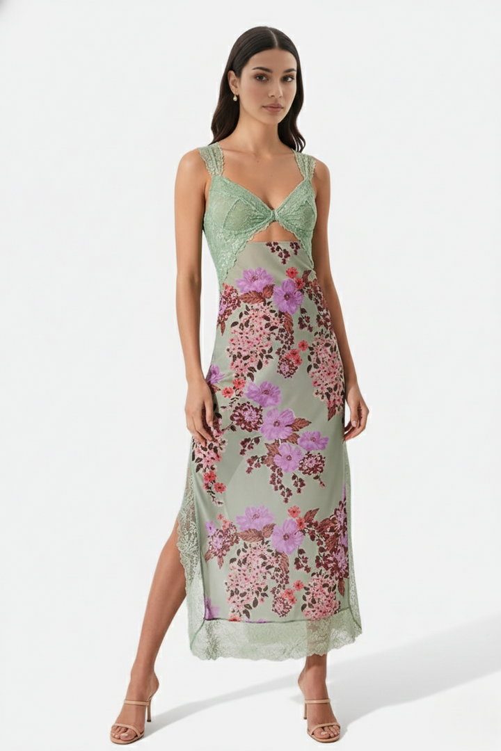 Floral Lace Trim Slip Maxi Dress Side Slit - Siopie