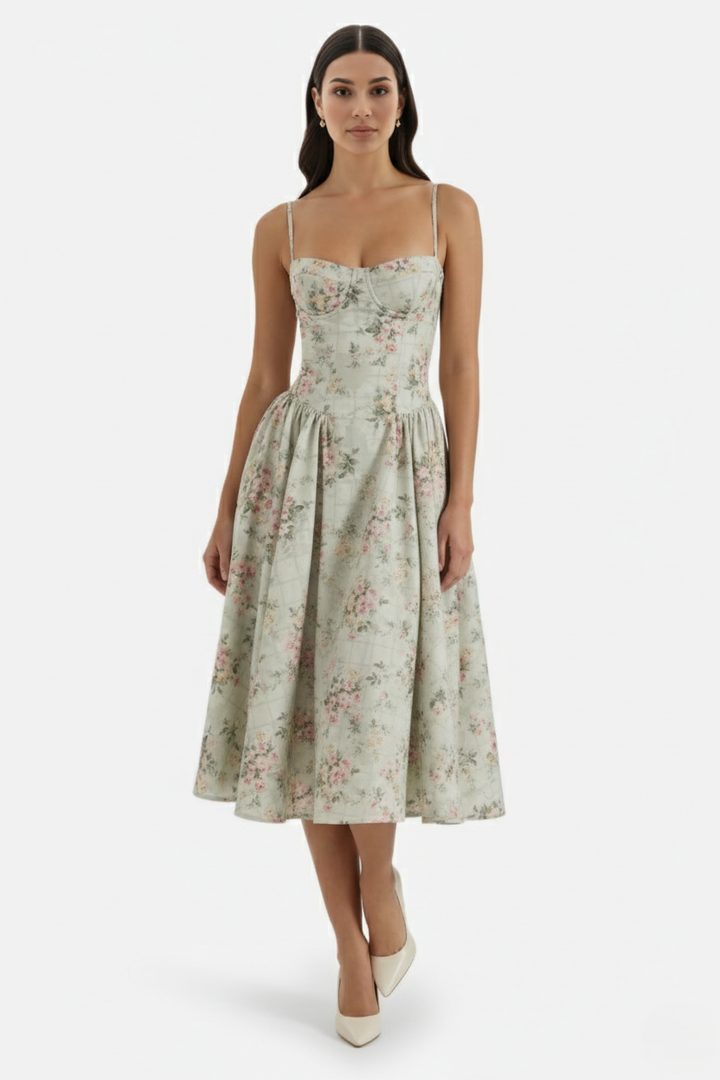 Basque Waist Corset Midi Dress with Spaghetti Straps - Pleated Party Style - Siopie