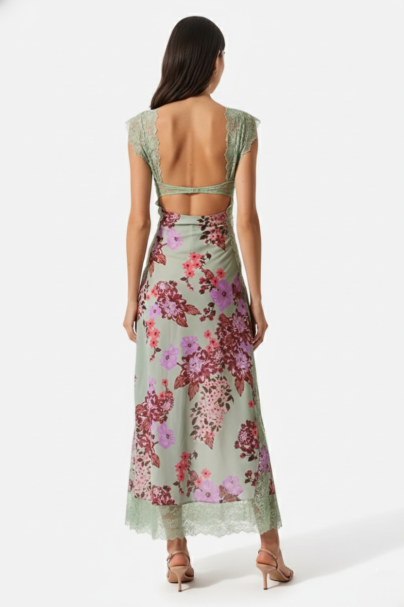 Floral Lace Trim Slip Maxi Dress Side Slit - Siopie