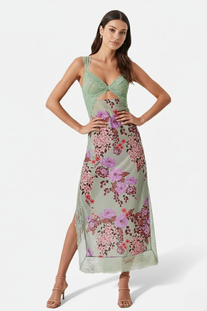 Floral Lace Trim Slip Maxi Dress Side Slit - Siopie