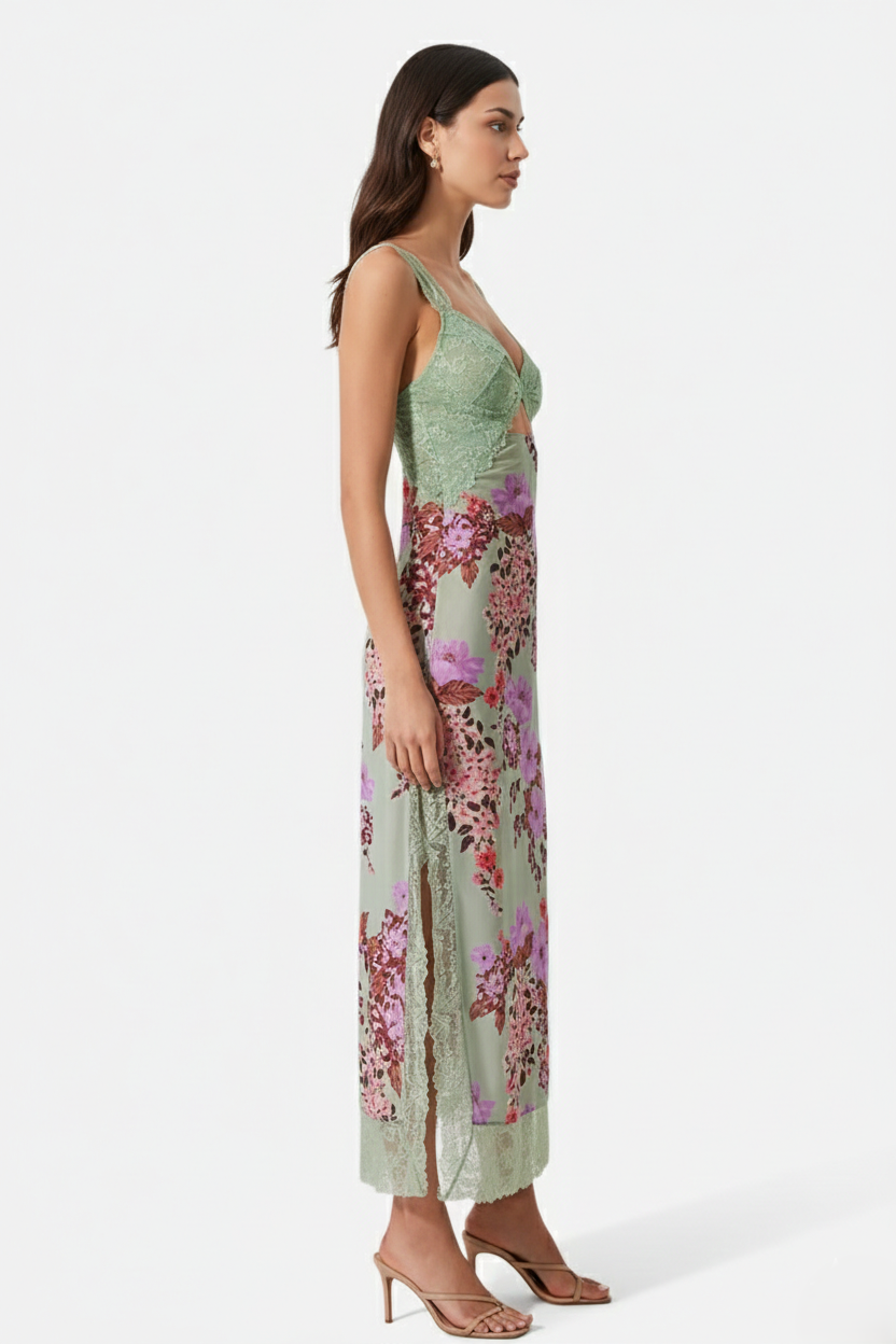 Floral Lace Trim Slip Maxi Dress Side Slit - Siopie