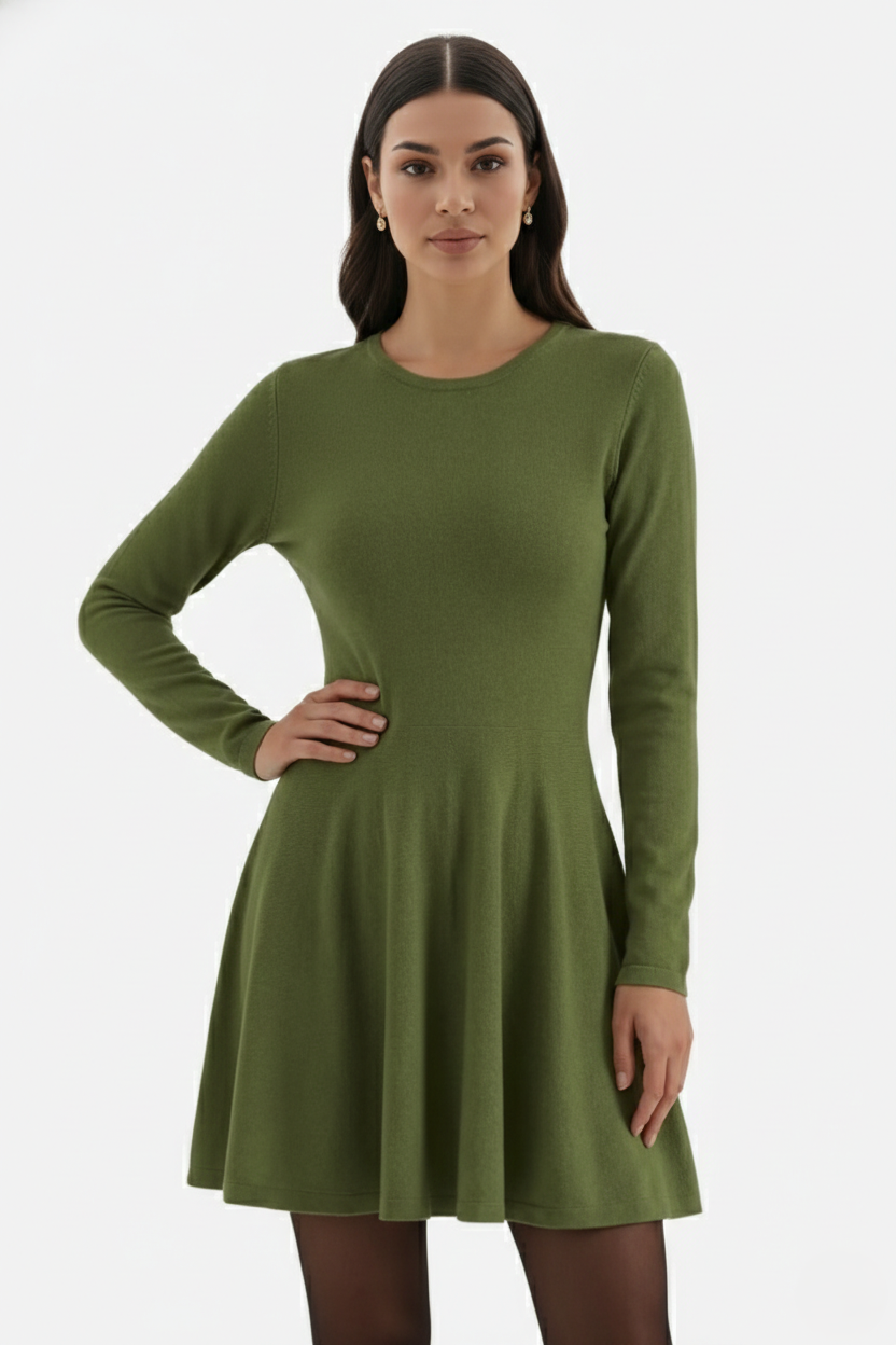 Knitted Long Sleeve Skater Dress - Fit and Flare A-Line Mini - Siopie