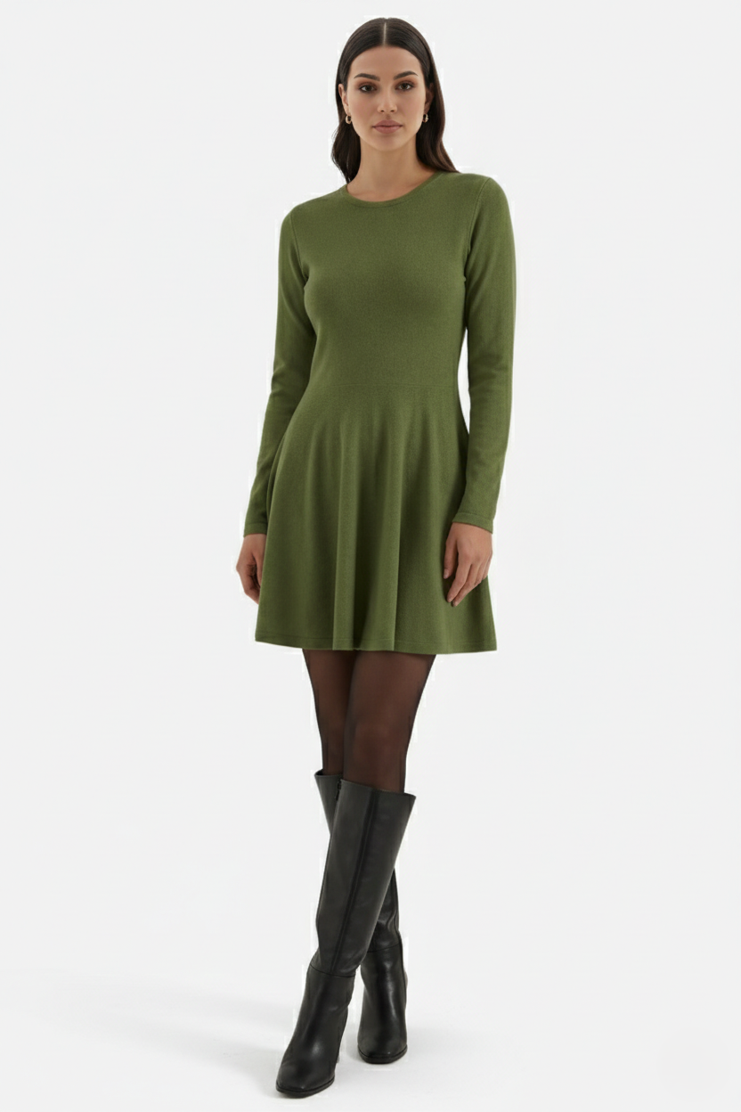 Knitted Long Sleeve Skater Dress - Fit and Flare A-Line Mini - Siopie