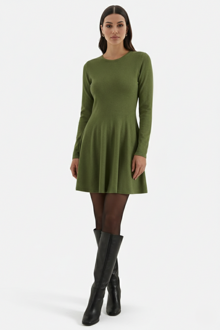Knitted Long Sleeve Skater Dress - Fit and Flare A-Line Mini - Siopie
