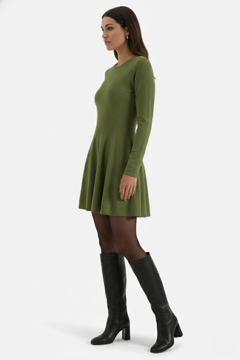 Knitted Long Sleeve Skater Dress - Fit and Flare A-Line Mini - Siopie