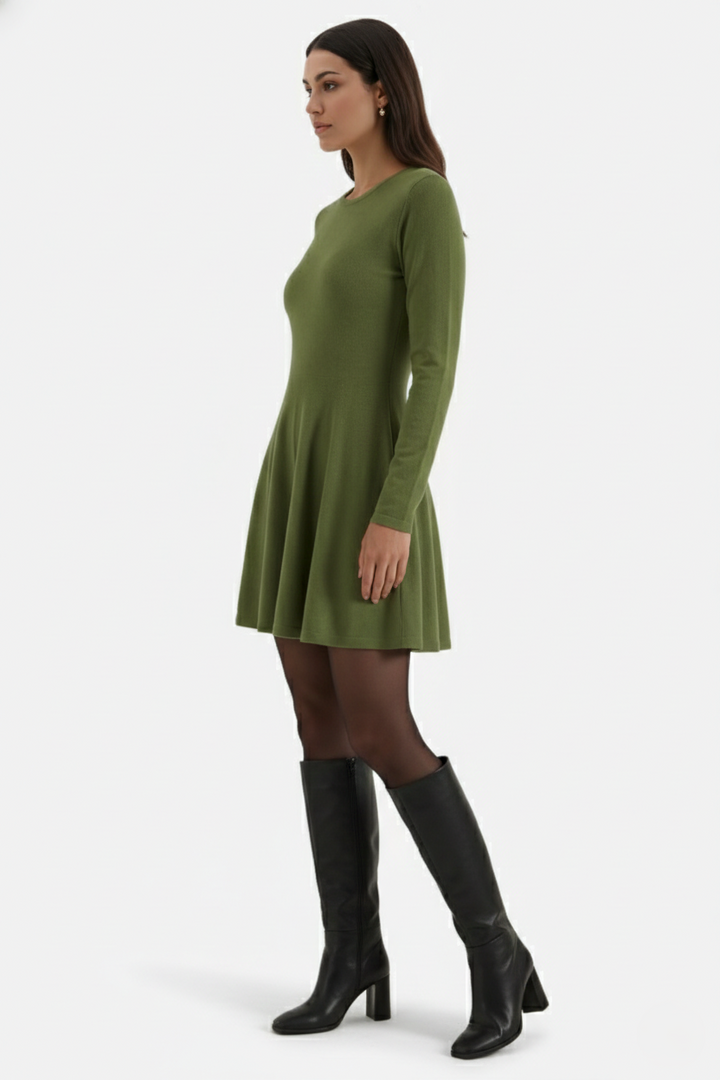 Knitted Long Sleeve Skater Dress - Fit and Flare A-Line Mini - Siopie