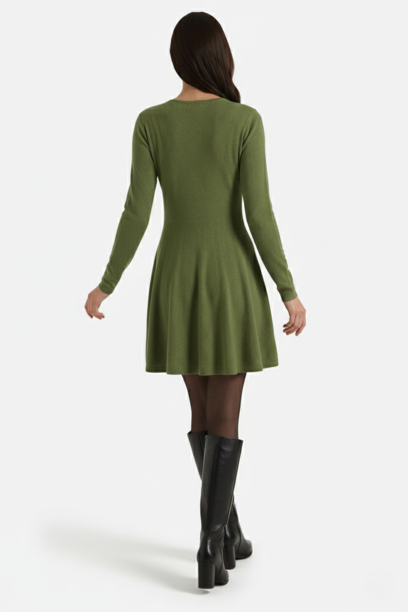 Knitted Long Sleeve Skater Dress - Fit and Flare A-Line Mini - Siopie
