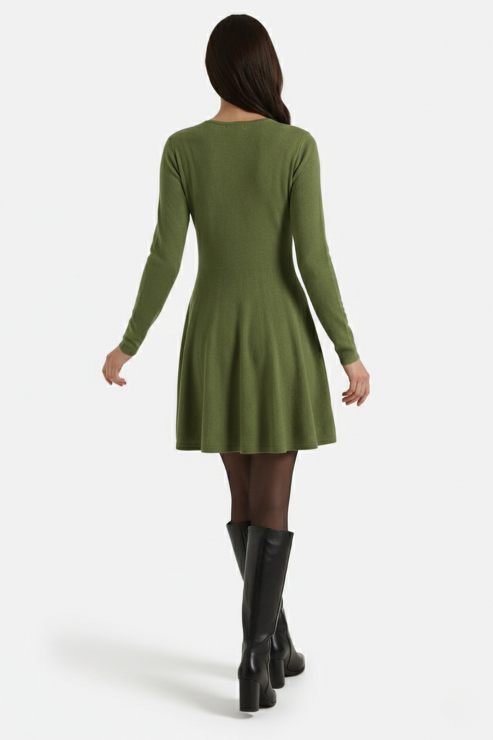 Knitted Long Sleeve Skater Dress - Fit and Flare A-Line Mini - Siopie