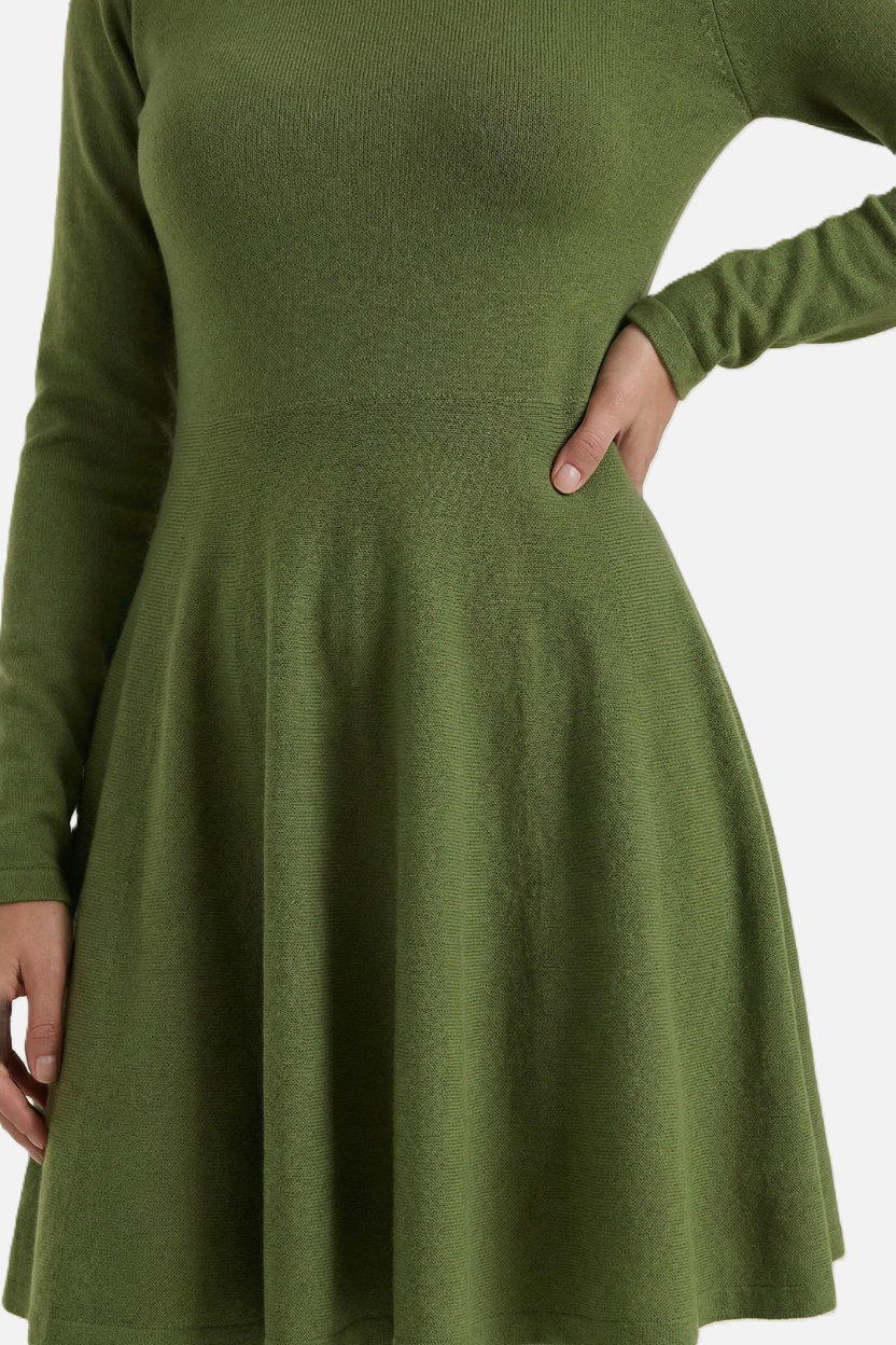Knitted Long Sleeve Skater Dress - Fit and Flare A-Line Mini - Siopie