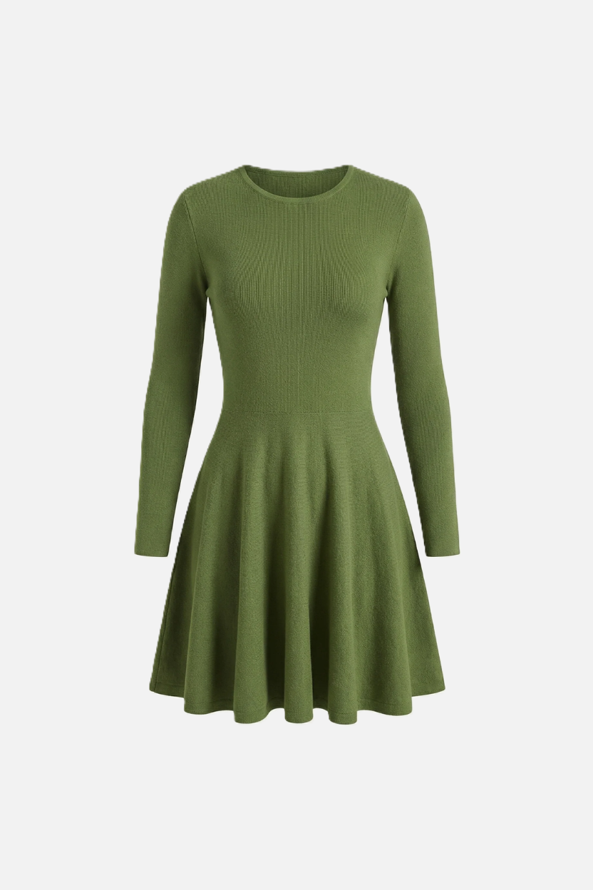 Knitted Long Sleeve Skater Dress - Fit and Flare A-Line Mini - Siopie