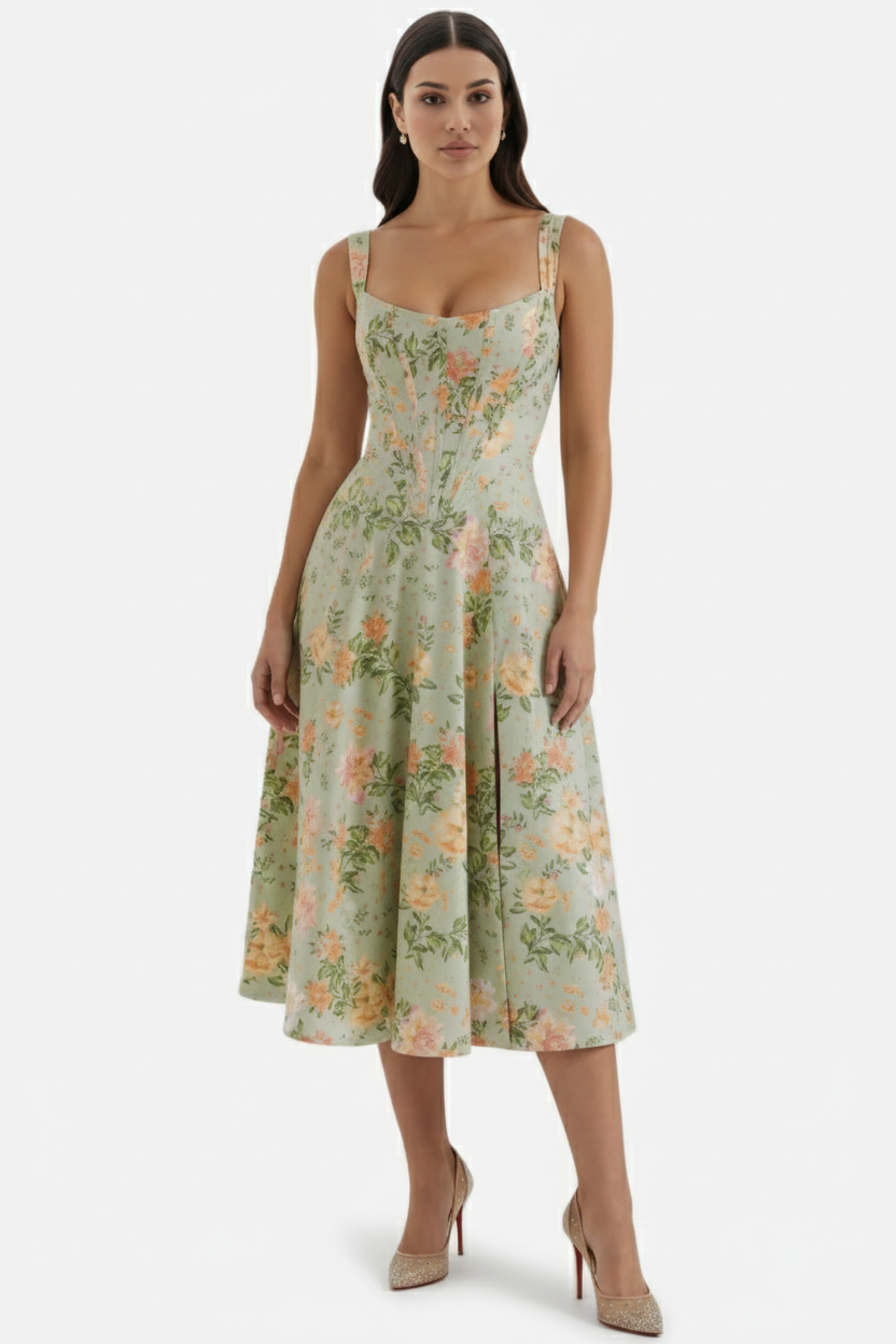 Sundress Floral Print Corset Bodice Side Slit Midi - Siopie