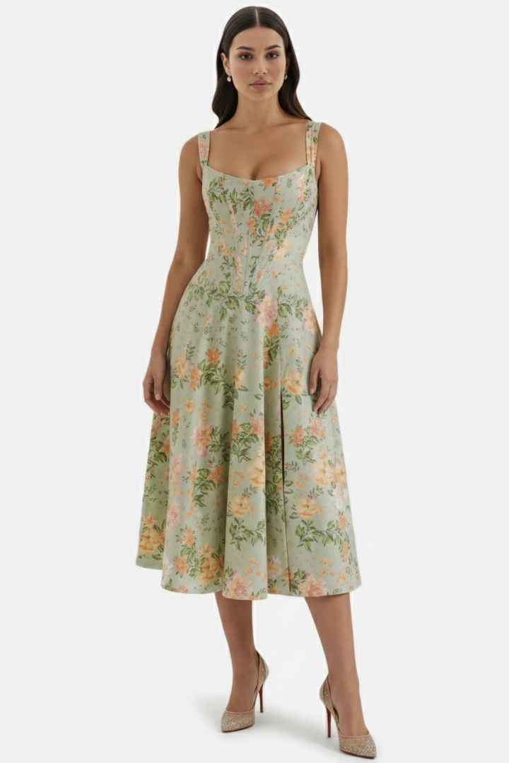 Sundress Floral Print Corset Bodice Side Slit Midi - Siopie