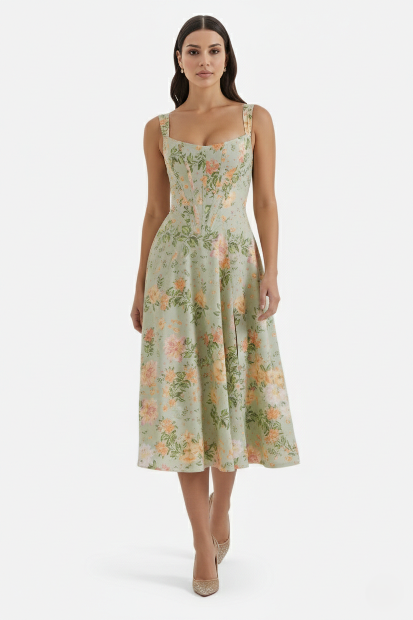 Sundress Floral Print Corset Bodice Side Slit Midi - Siopie