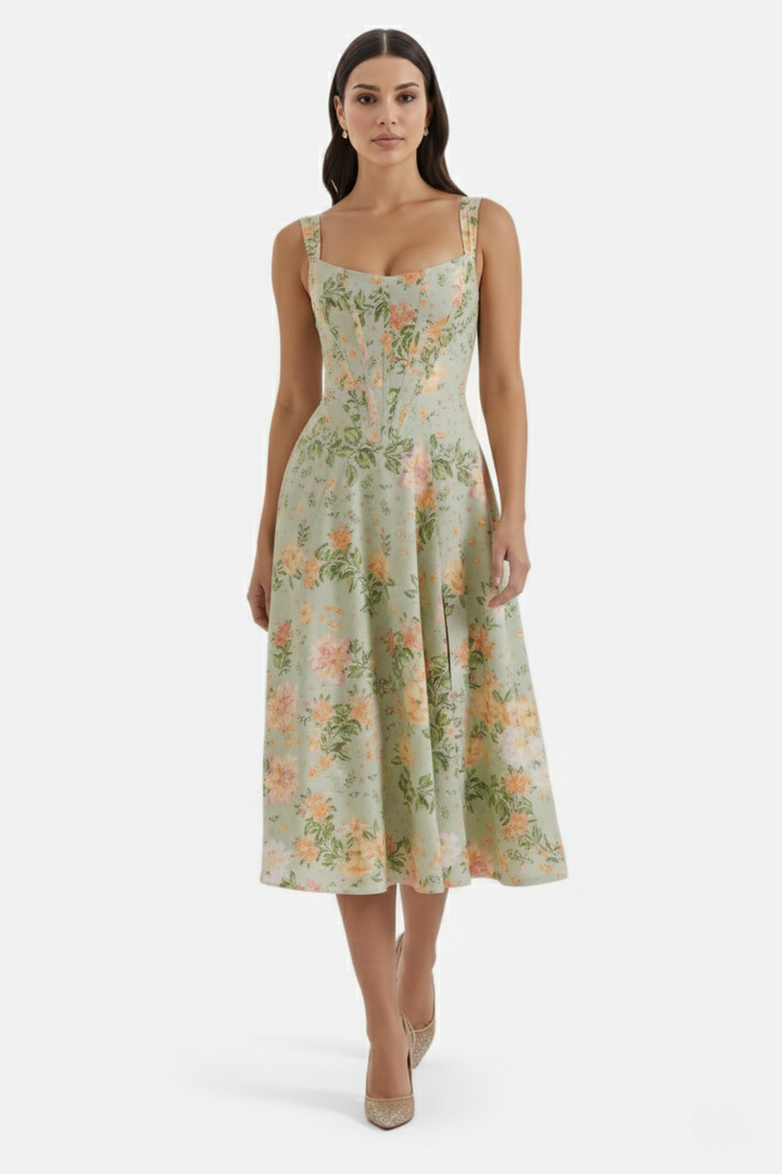 Sundress Floral Print Corset Bodice Side Slit Midi - Siopie
