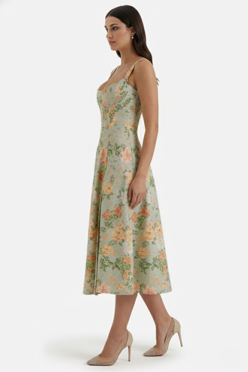 Sundress Floral Print Corset Bodice Side Slit Midi - Siopie