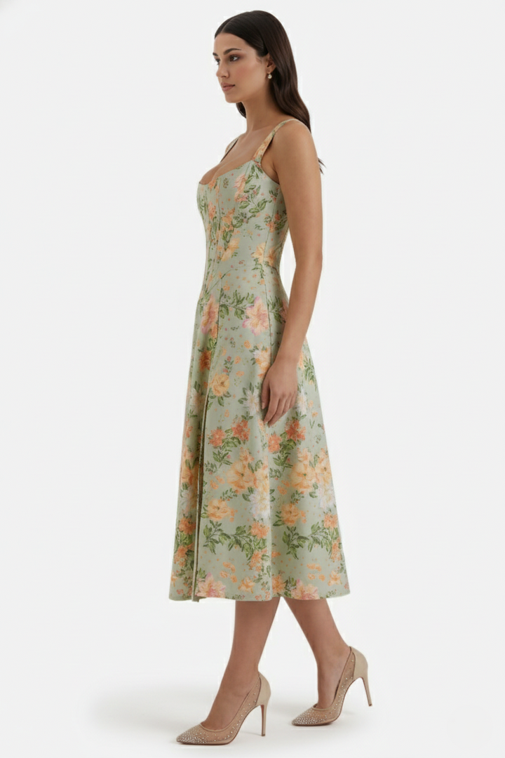Sundress Floral Print Corset Bodice Side Slit Midi - Siopie