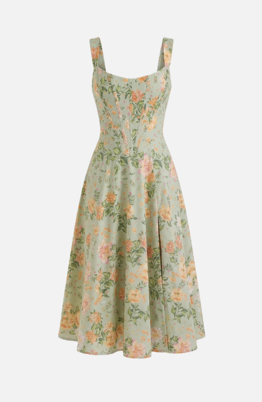 Sundress Floral Print Corset Bodice Side Slit Midi - Siopie