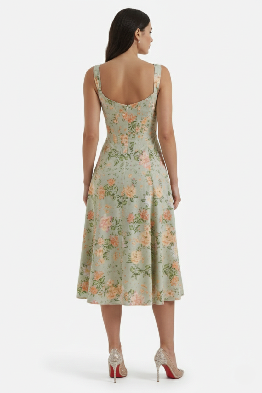 Sundress Floral Print Corset Bodice Side Slit Midi - Siopie
