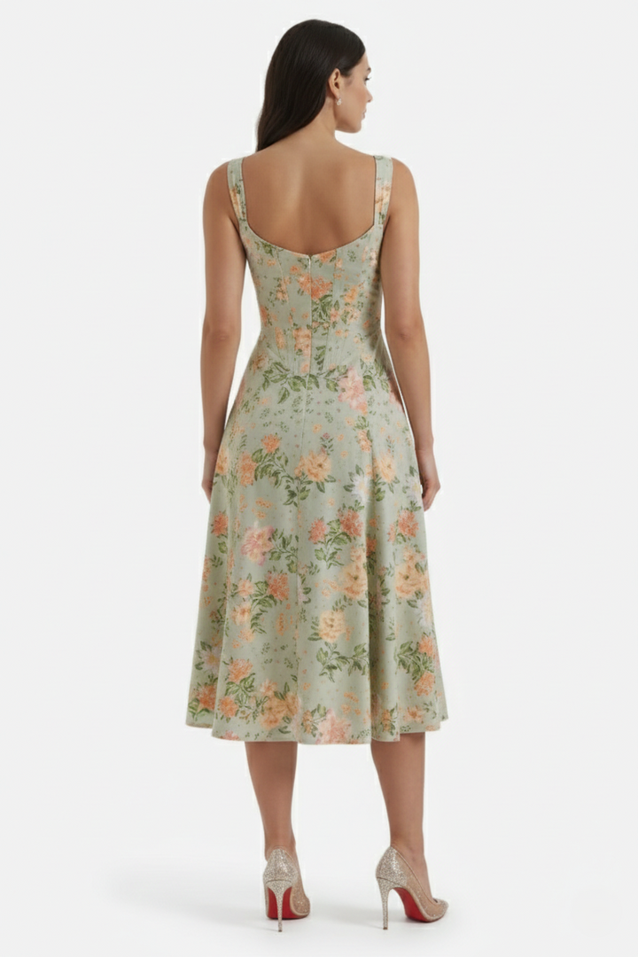 Sundress Floral Print Corset Bodice Side Slit Midi - Siopie