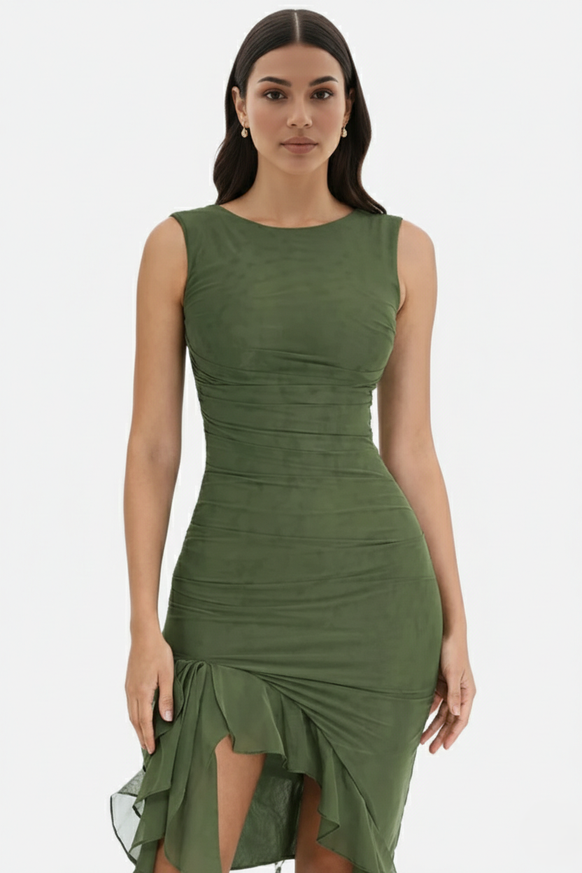 Ruched Sleeveless Bodycon Midi Dress Ruffle Side Slit - Siopie