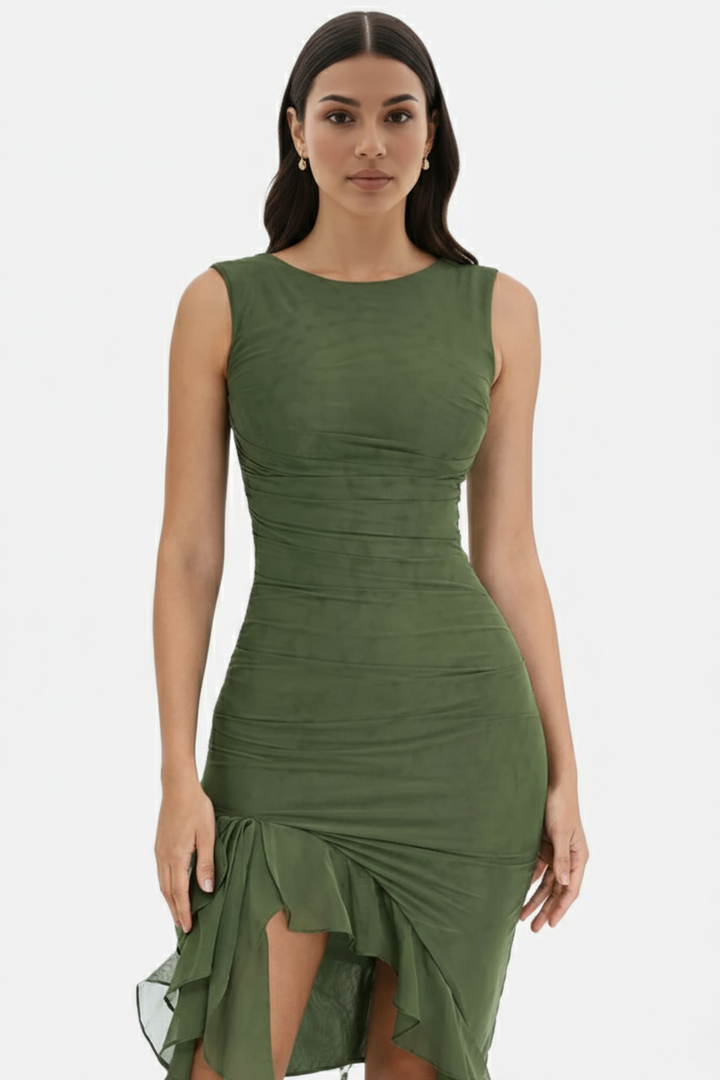 Ruched Sleeveless Bodycon Midi Dress Ruffle Side Slit - Siopie