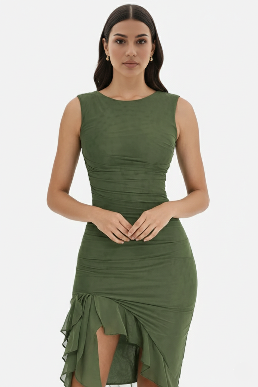 Ruched Sleeveless Bodycon Midi Dress Ruffle Side Slit - Siopie