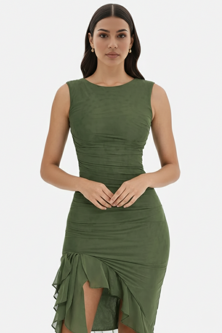 Ruched Sleeveless Bodycon Midi Dress Ruffle Side Slit - Siopie