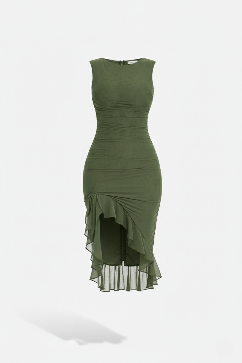 Ruched Sleeveless Bodycon Midi Dress Ruffle Side Slit - Siopie