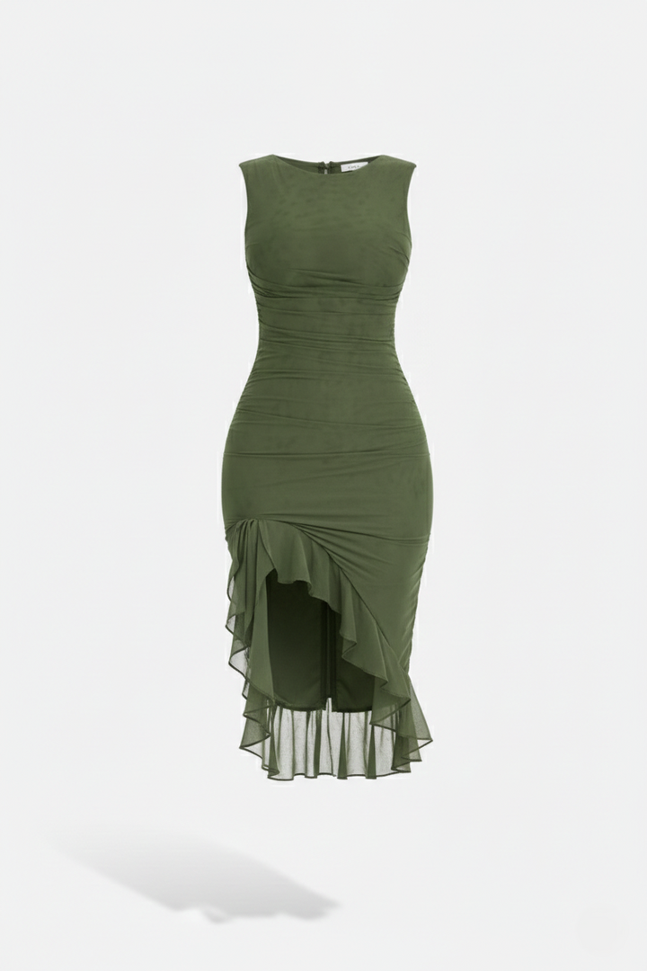 Ruched Sleeveless Bodycon Midi Dress Ruffle Side Slit - Siopie
