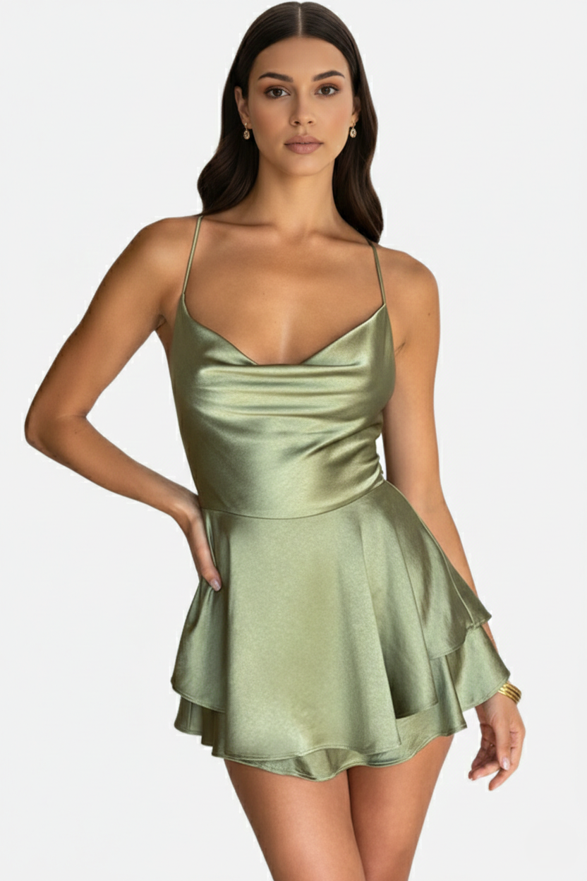 Satin Spaghetti Strap Tiered Mini Dress with Lace Up Back - Siopie