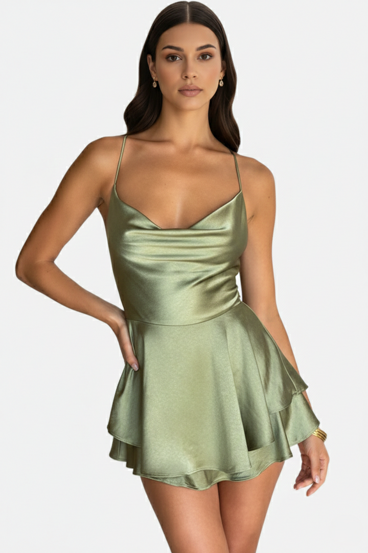 Satin Spaghetti Strap Tiered Mini Dress with Lace Up Back - Siopie